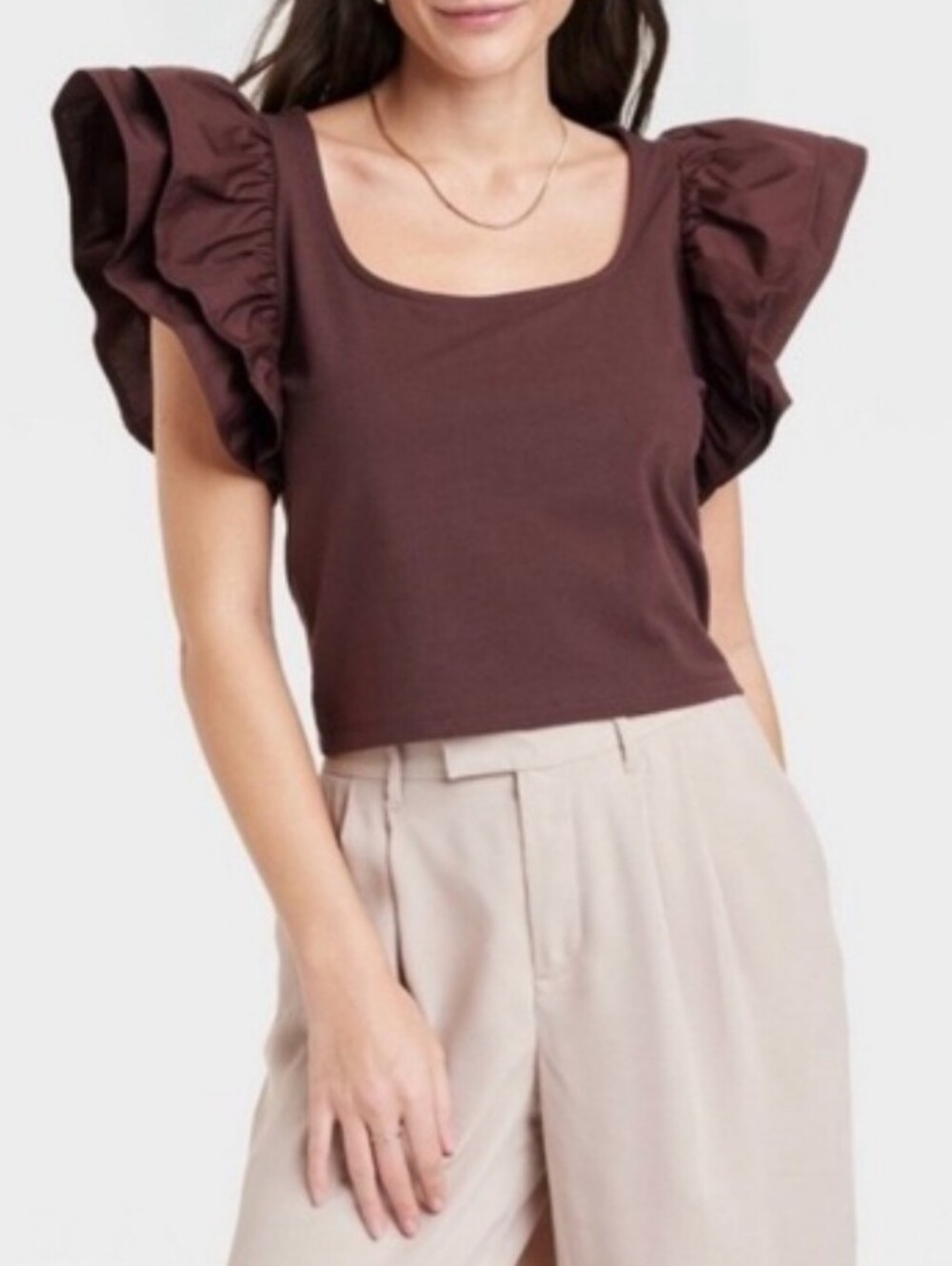 🆕 A New Day Soft Tee Ruffle Sleeves, Chocolate Brown Top, Size Medium, NEW▪︎ - Picture 2 of 9